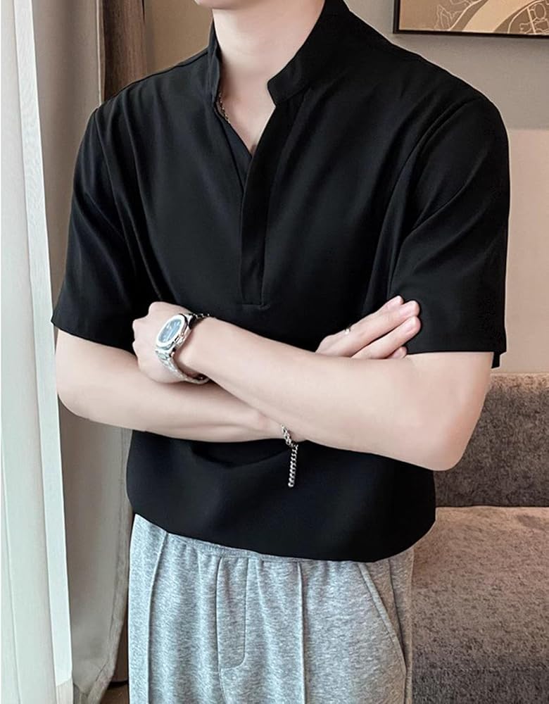 Anybird Black,S, Men's Silk Stand-Up Collar T-Shirts Summer Short