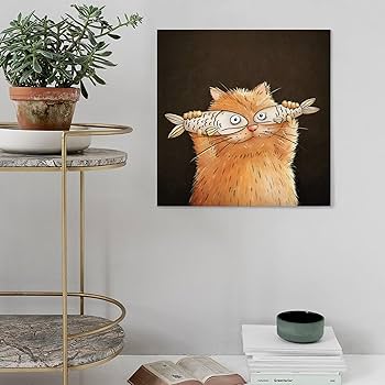 Amazon.co.jp: 面白い 猫と魚 ネコ柄 アニメの抽象絵画 アートポスター