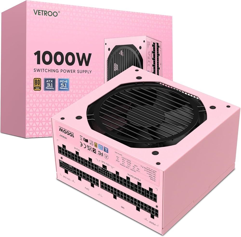 Amazon | Vetroo 1000W Pink Power Supply ATX 3.1 Ready Dual PCIe