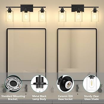 Asnxcju 3-Light Vanity Light Fixtures, Black Bathroom Lighting