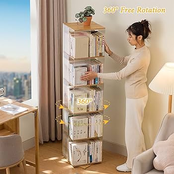 Amazon｜竹製 360°本棚 透明 回転式本棚 3/4/5段 A4紙が入る高さ