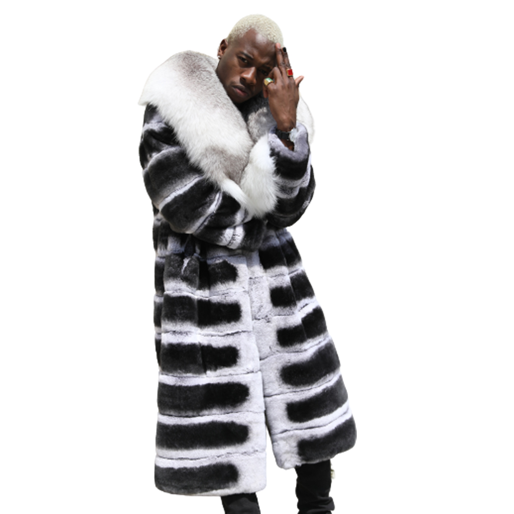 Denny&Dora Men's Chinchilla Rabbit Fur Overcoat - Winter Coat Long