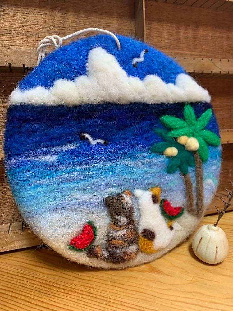 Amazon.co.jp: 猫と海 タペストリー 風景 羊毛フェルト ハンドメイド