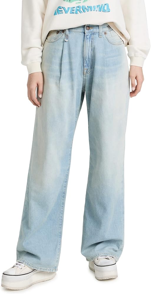 R13 Women's Damon Pleated Wide Leg Jeans, Lennon Blue, 23 at