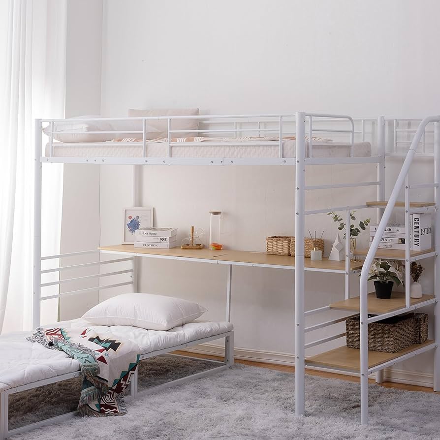 Amazon｜ロフトベッド シングル コンセント付き 階段付き パイプベッド