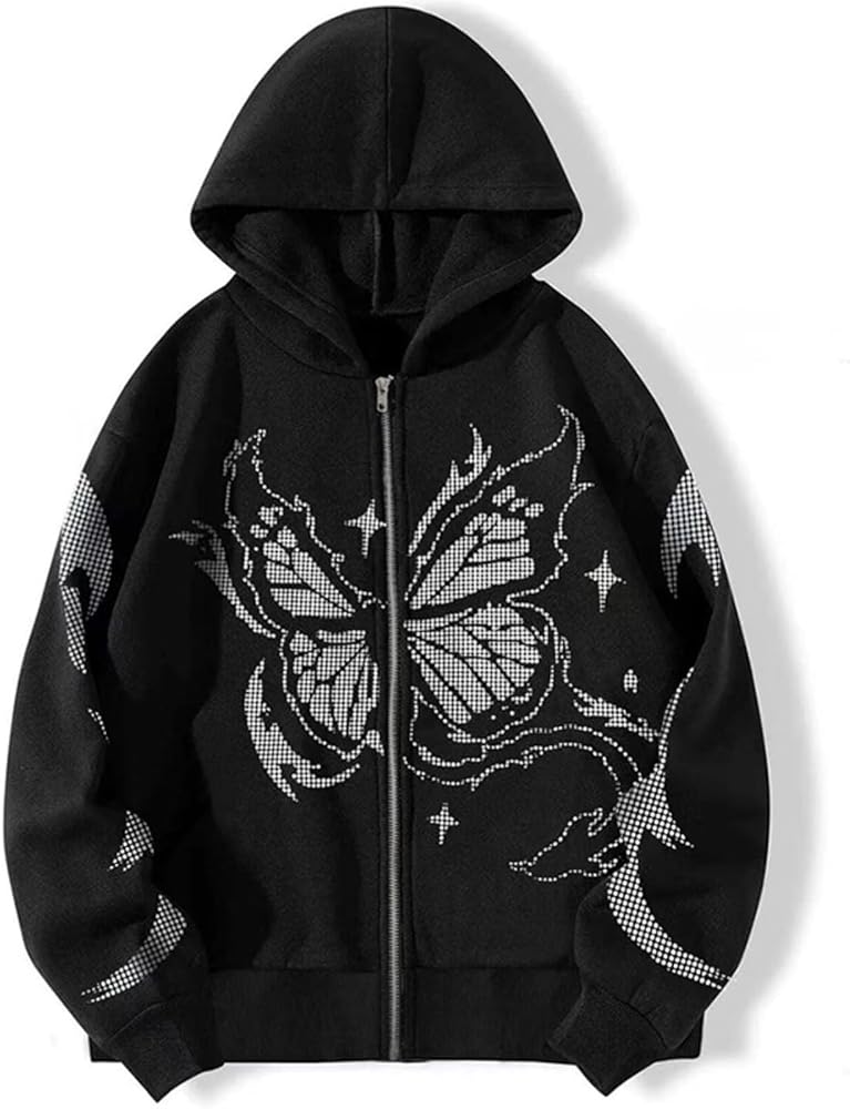 Moleobea Women Y2K Gothic Butterfly Zip Up Hoodie Grunge Dark
