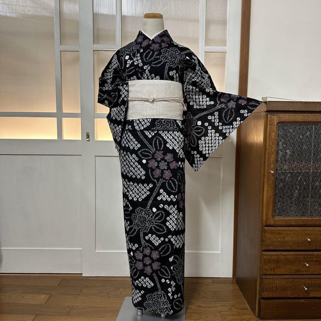 有松鳴海絞り浴衣 花柄 紺 蜘蛛絞り 綿 浴衣 有松絞り 身丈161 蜘蛛