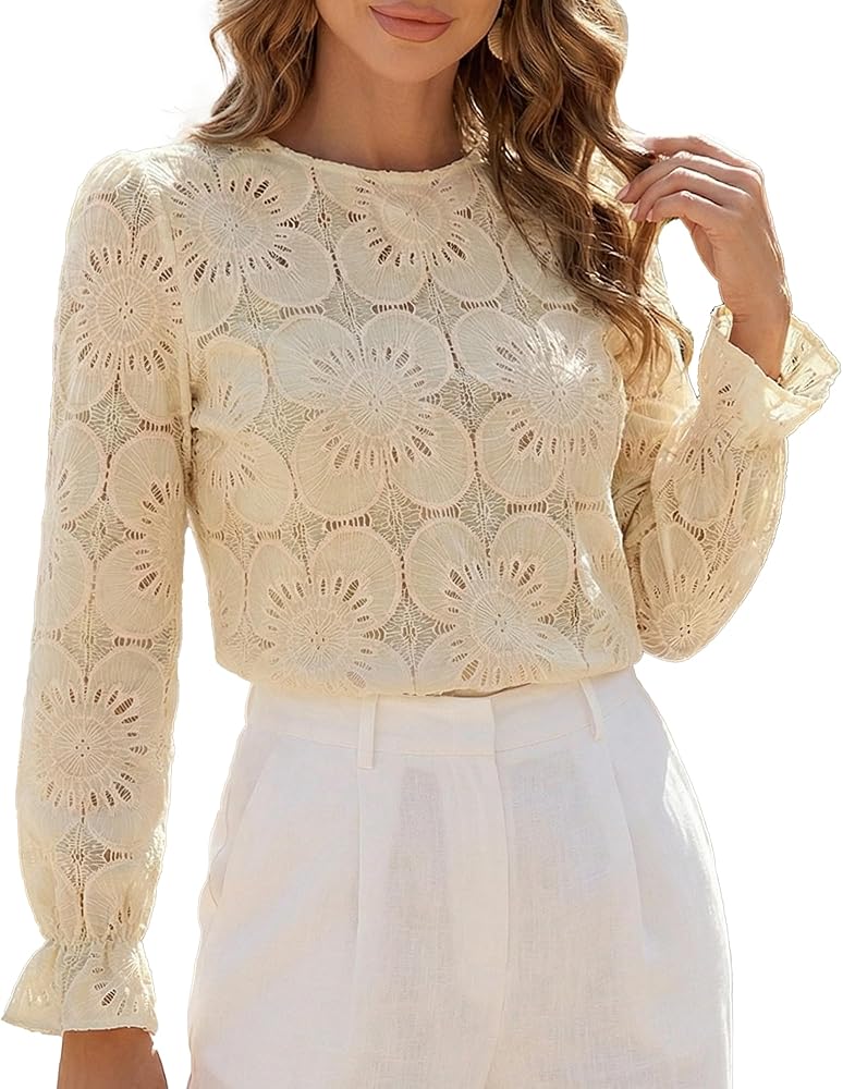 CUPSHE Women Eyelet Long Sleeve Tops Shirts Dressy Hollow Out