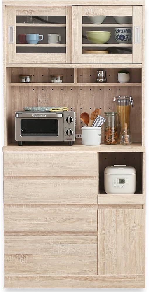 Amazon｜LOWYA ロウヤ キッチン収納 食器棚 レンジ台 スライド扉 B+B