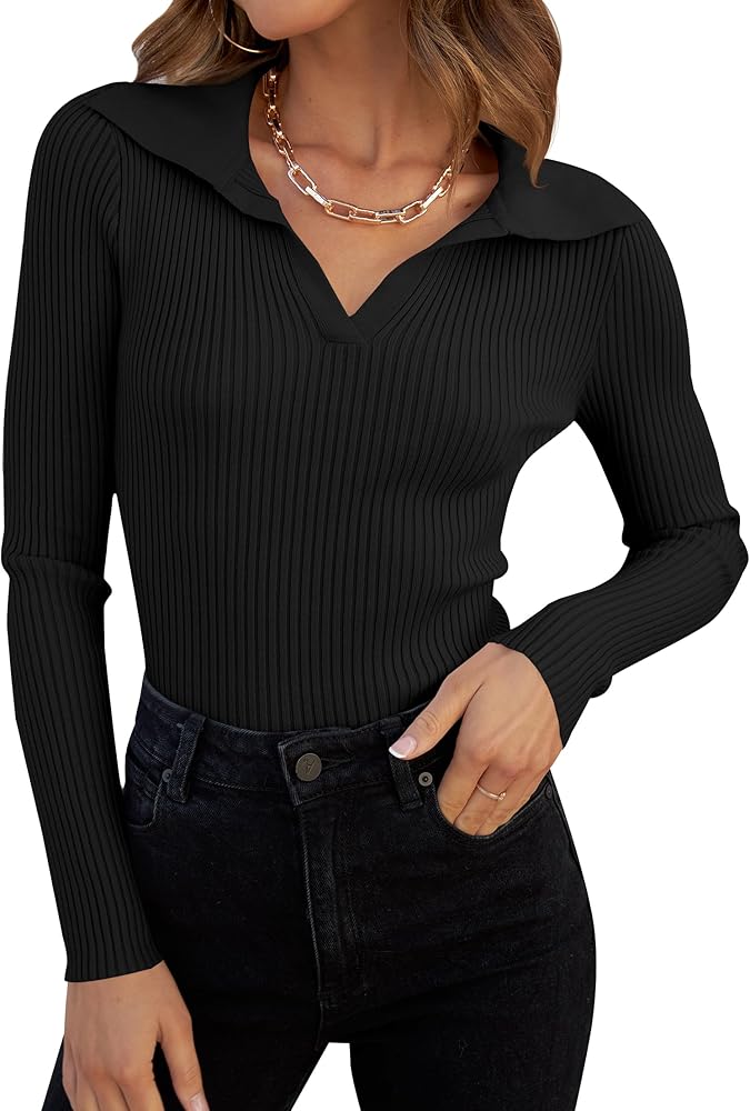 ZESICA Sweaters for Women 2025 Fall Long Sleeve V Neck Ribbed Knit