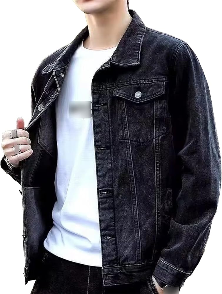 DGKaxiyaHM Men's Distressed Lapel Casual Denim Jacket Windproof