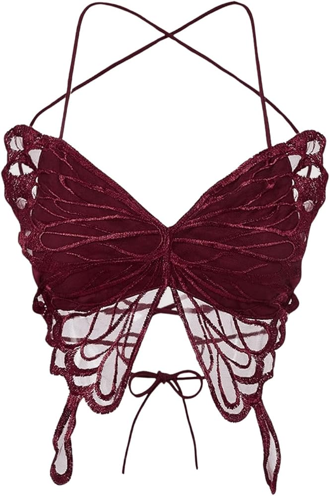 MakeMeChic Women's Butterfly Crop Tops Backless Halter Criss Cross