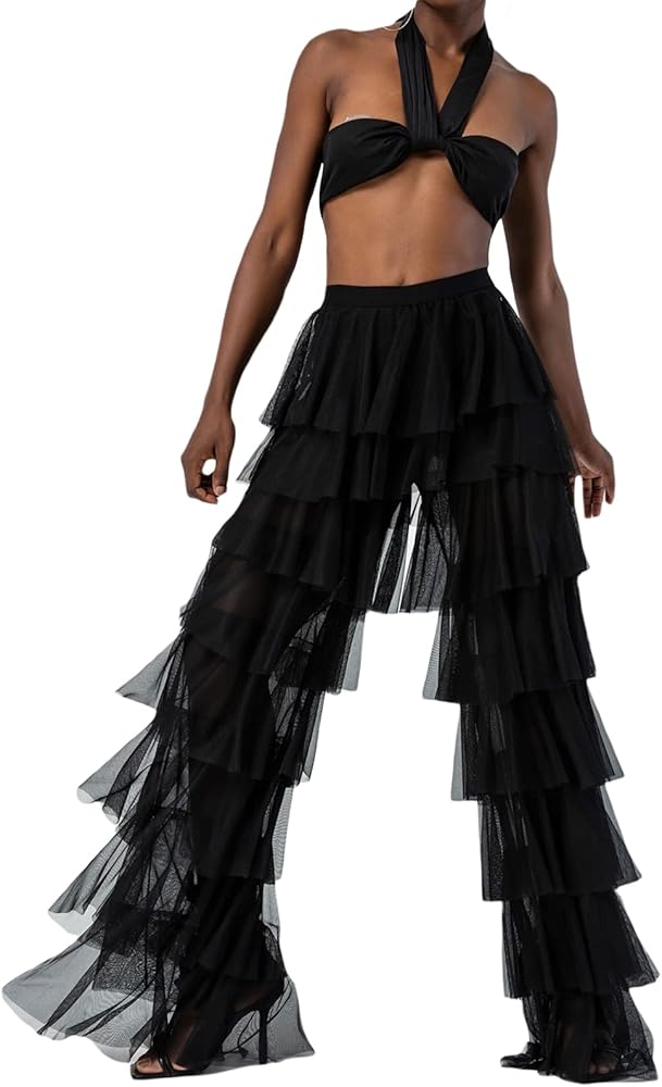 Doloame Women's Tiered Ruffled Long Pants Sheer Mesh Multi Layer