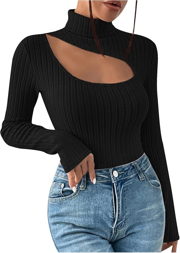 HGps8w Ribbed Turtleneck Tops for Women Sexy Cutout Mock Neck Long