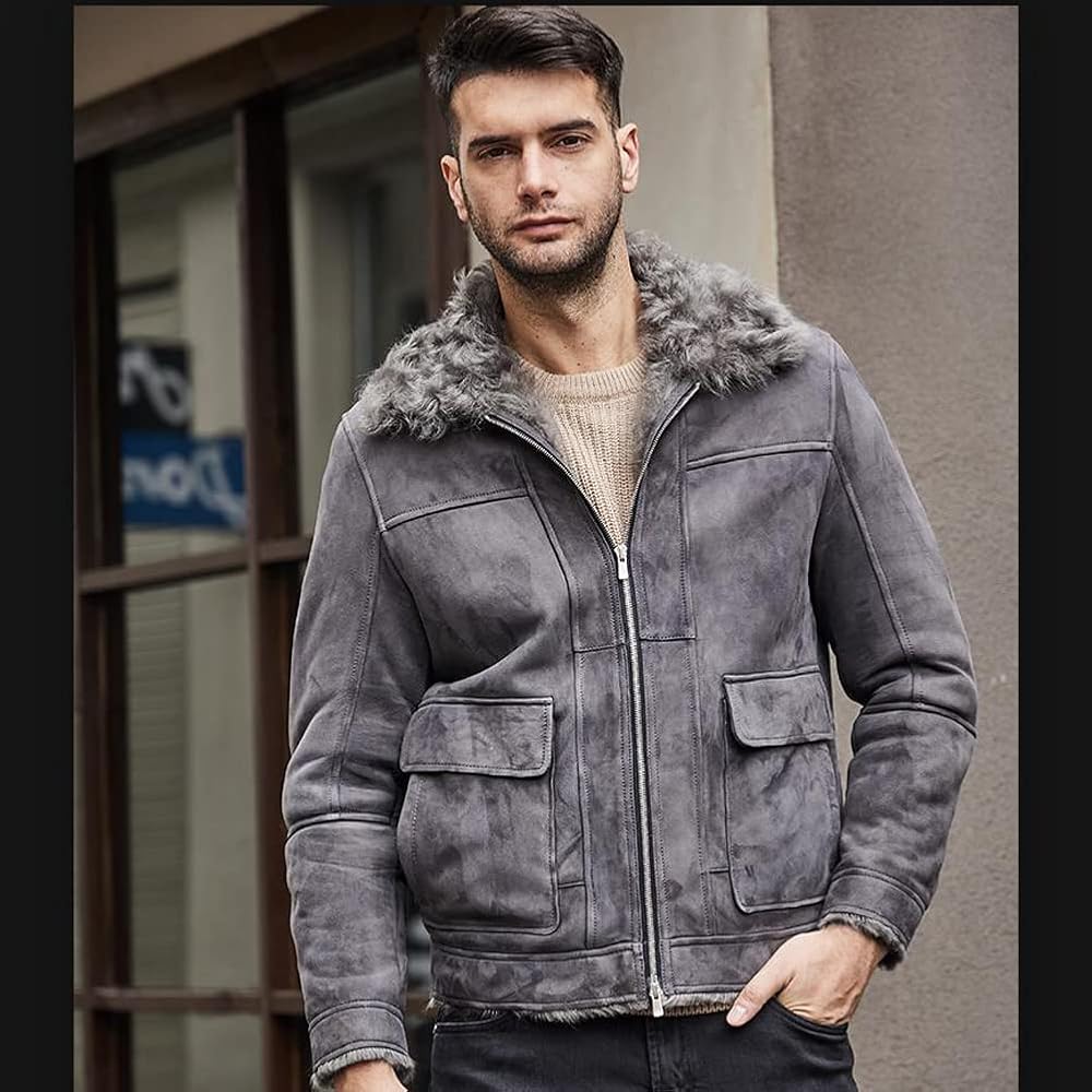 Denny&Dora Mens Short Shearling Jacket Suede Shearling Jacket