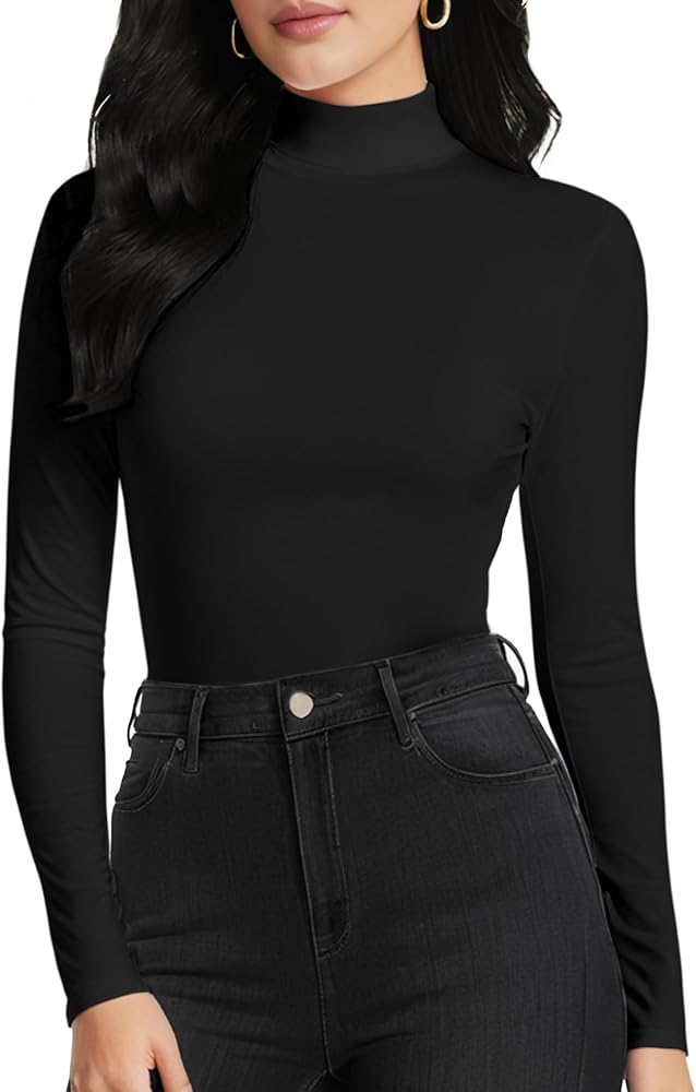 YumiDay Mock Turtleneck Women Shirts Long Sleeve(Black,XS) at