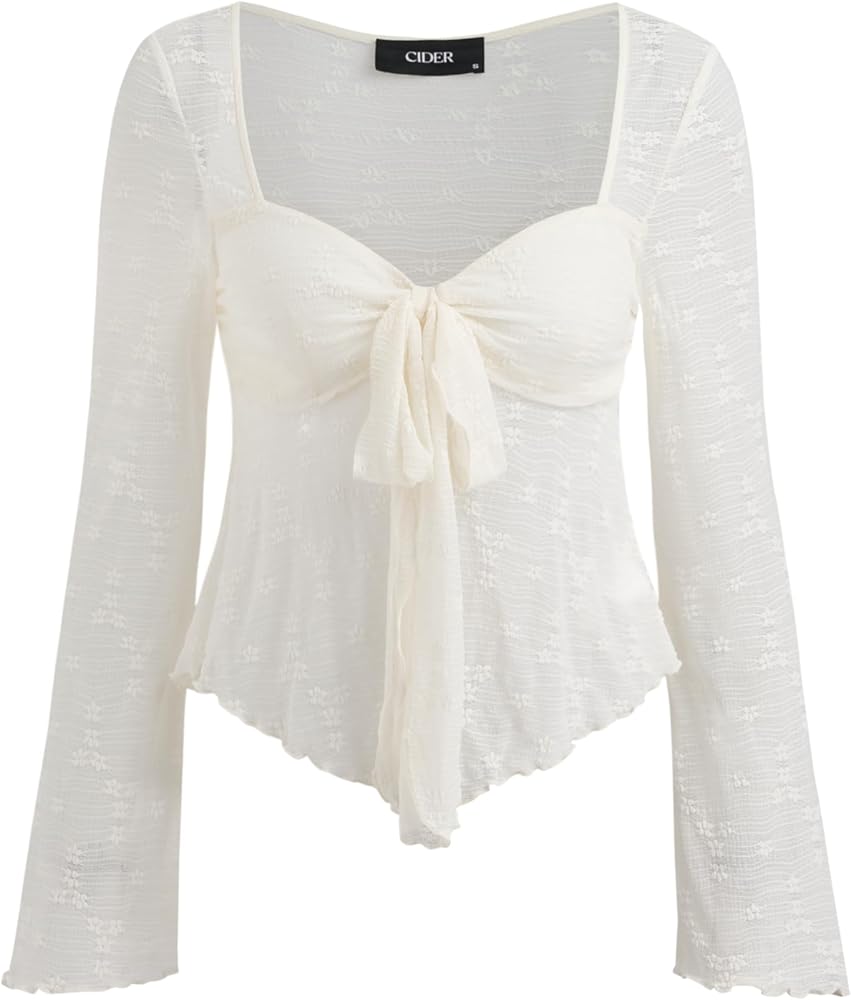 CIDER Mesh Tops Women Lace Square Neck Knotted Y2K Bell Sleeve