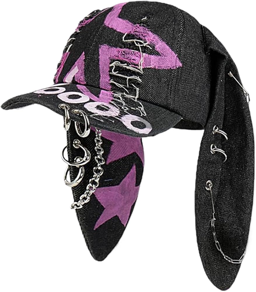 THESSNCE Y2k Punk Grunge Hat Denim Bunny Hat Chains Distressed