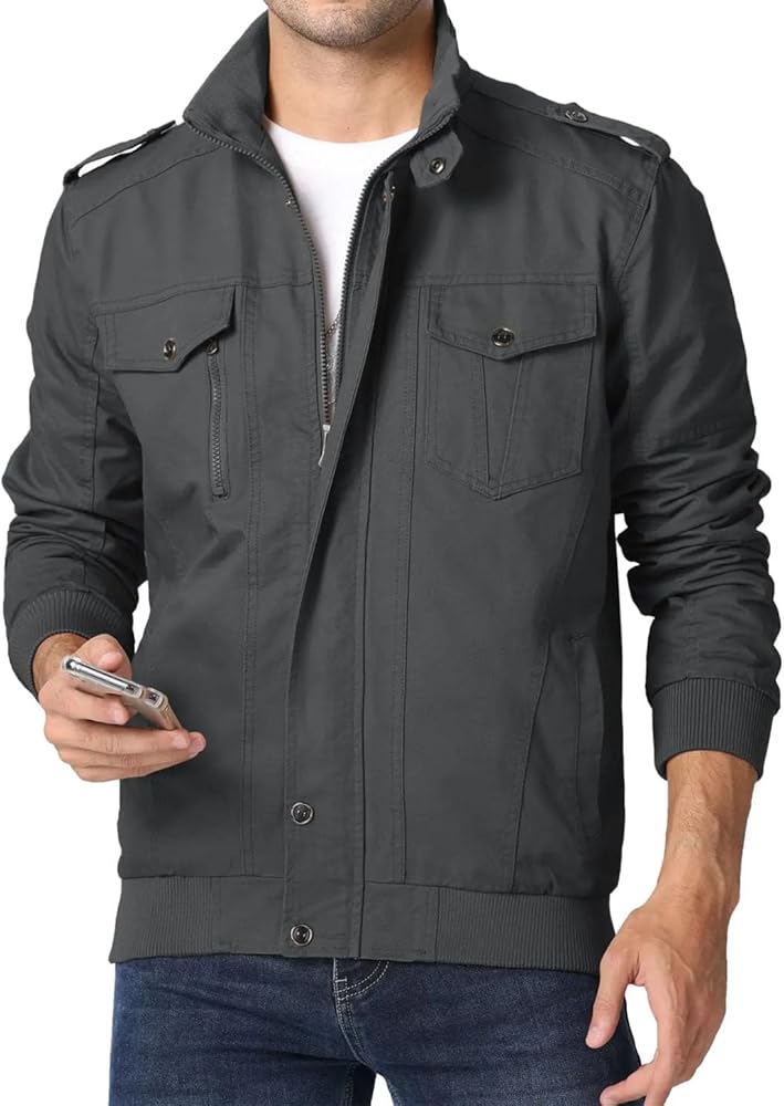 Mens Button Stand Collar Full Zip Jacket Lightweight Solid Color