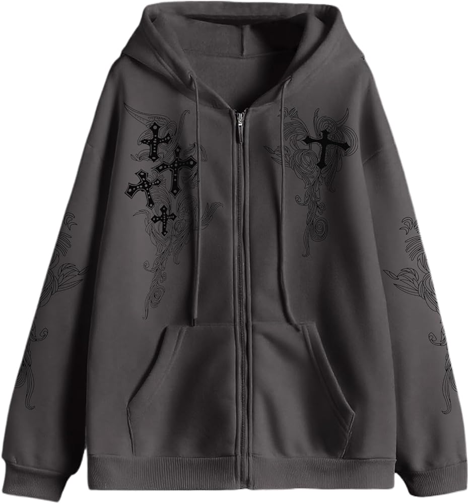 Kelxjia Goth Zip Up Hoodie Women Grunge Cross Graphic Jacket Y2k