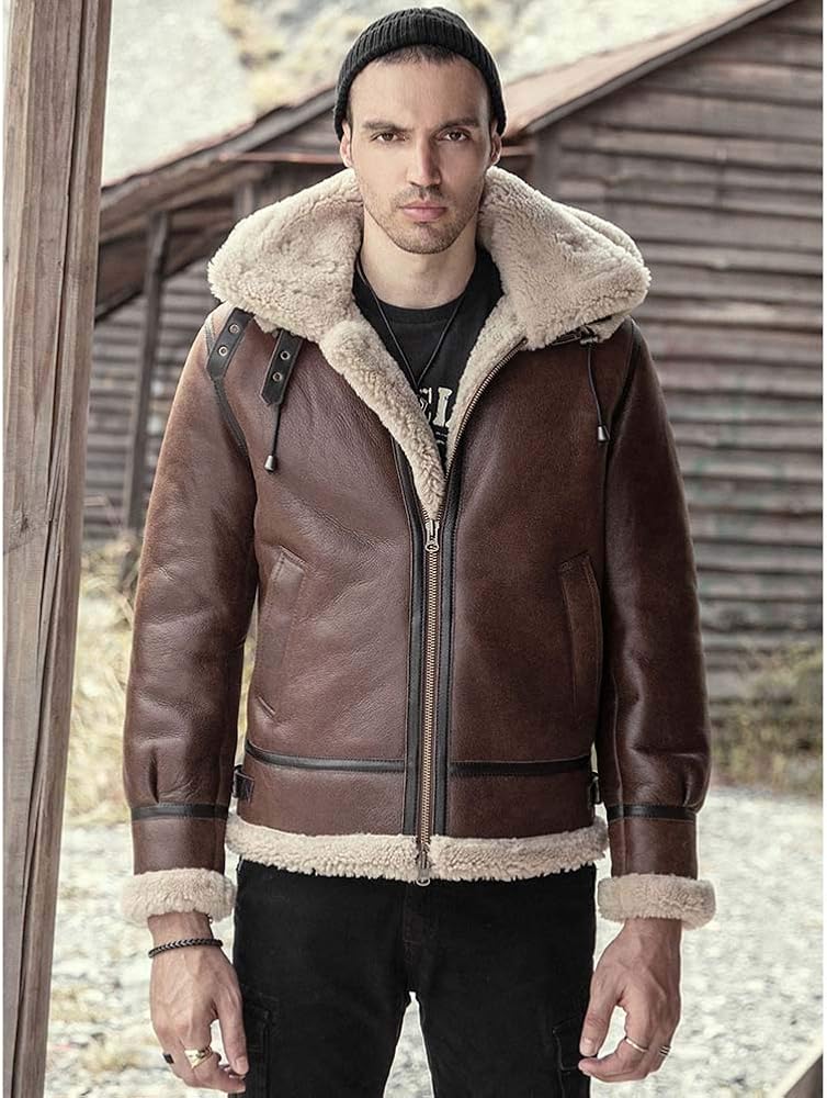 Amazon | ムートンコート メンズB3ボンバージャケット ブラウンレザー