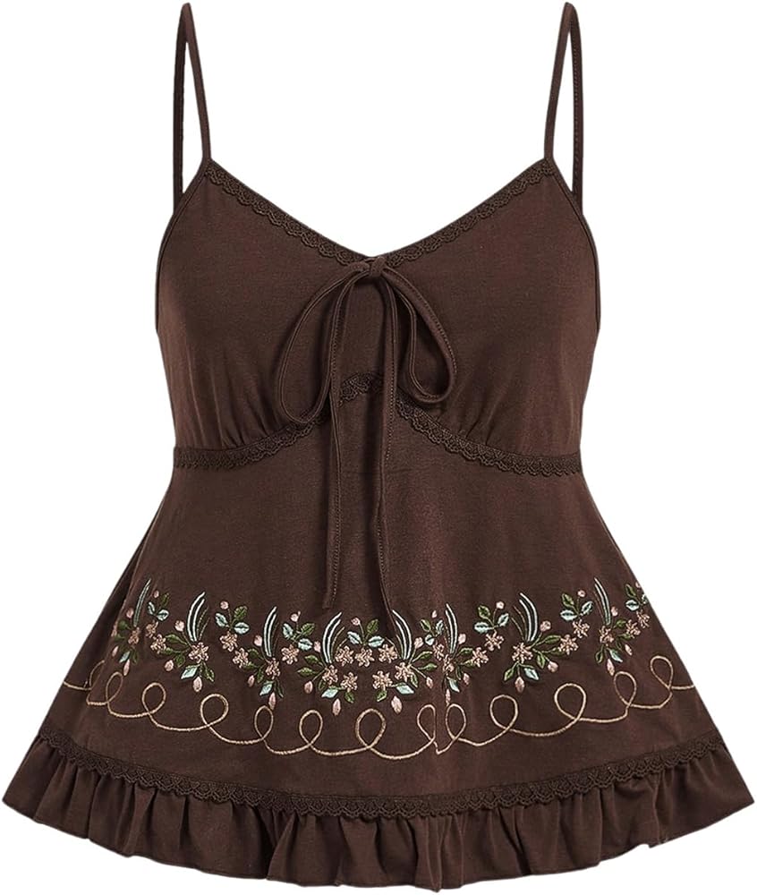 SOLY HUX Women's Floral Embroidery Cami Tops Tie Front Ruffle Hem