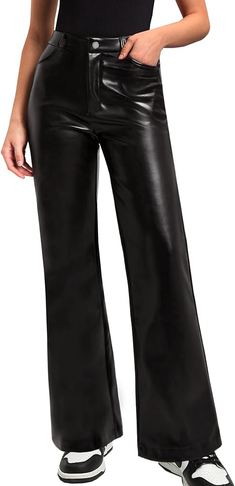 OZICERD Black Faux Leather Pants for Women High Waisted Flare