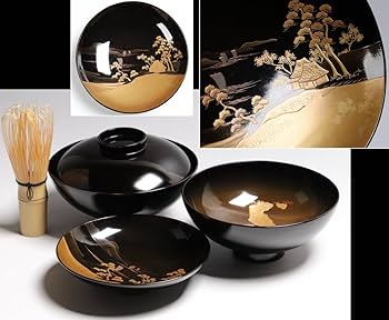 Amazon.co.jp: CG66時代輪島塗山水金蒔絵黒塗御吸物椀二客木製漆器研出