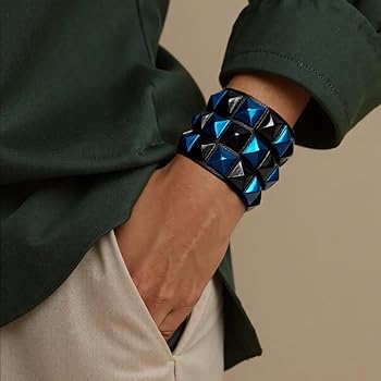 HyperionIE Wide Wrist Cuff Color 3 Row Pyramid Stud Wristband Punk