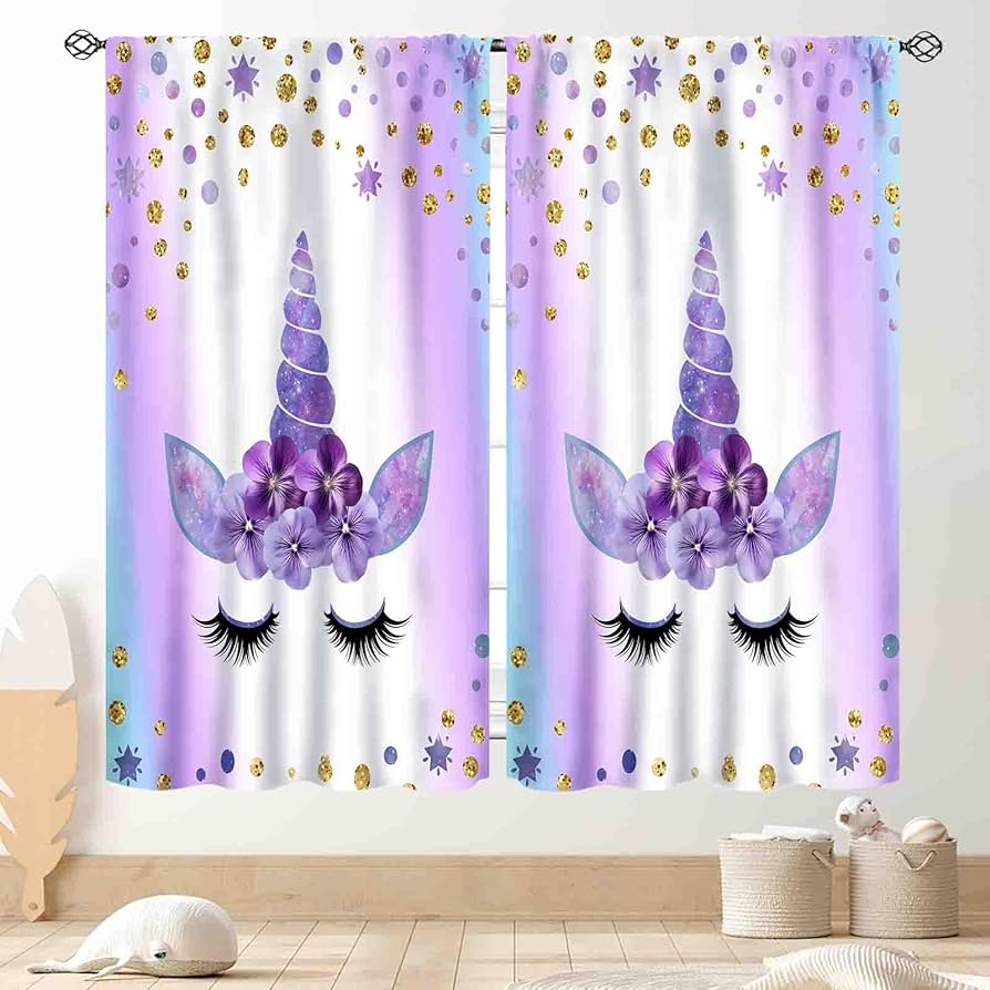 Amazon｜女の子の寝室用ユニコーンカーテン、オンブレレインボー