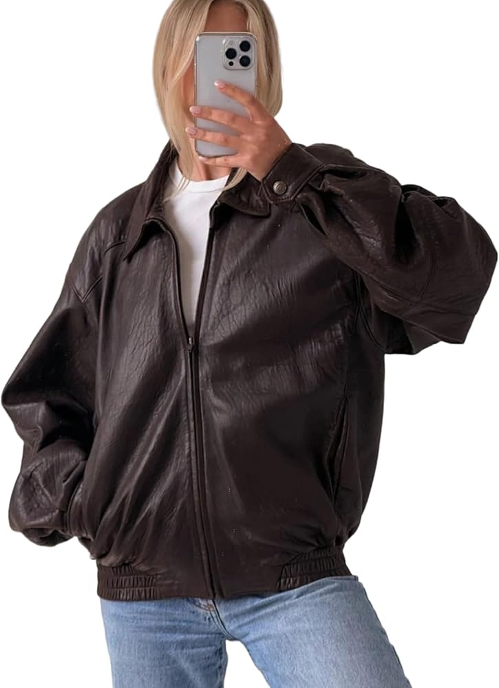 80's Vintage Women Oversized Bomber Fully Grain Leather Jacket
