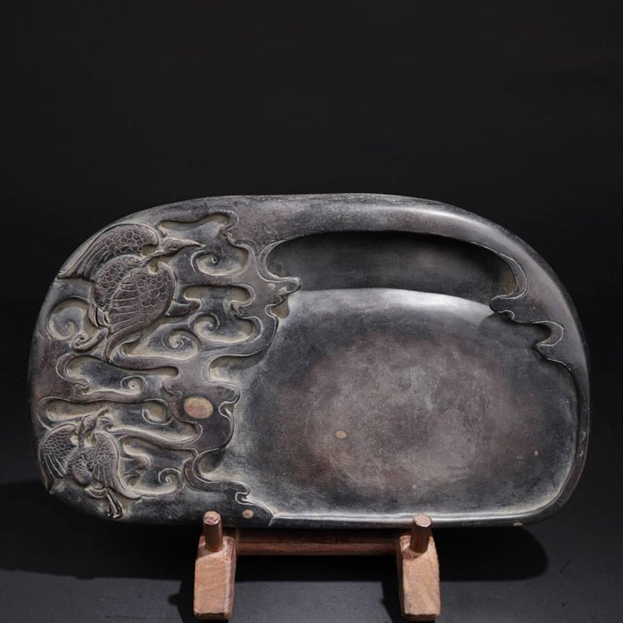 ゆう】 ◇渭原硯（日昇翔鶴文蓋付天成硯／翠緑に波紋／