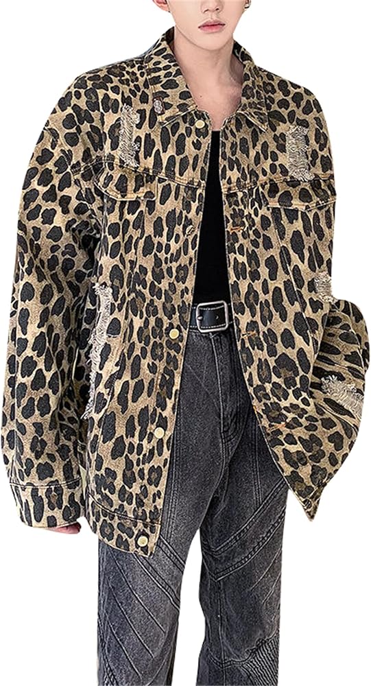 Amazon | [ShuMing] 豹柄 デニムジャケット メンズ ダメージ加工 折り