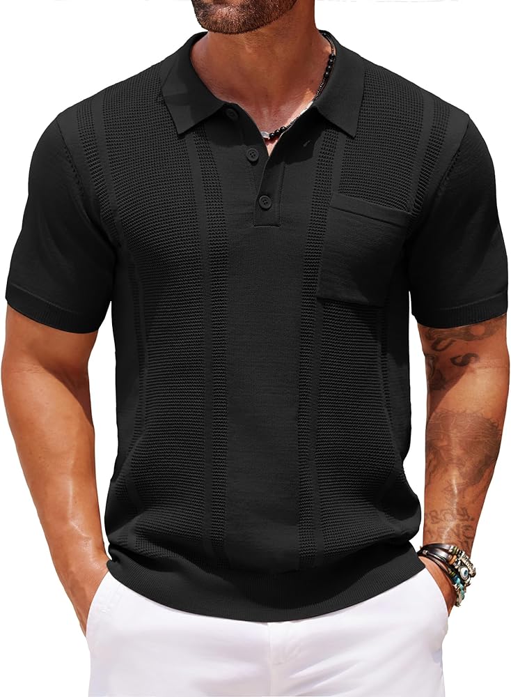 COOFANDY Men's Knit Polo Shirts Short Sleeve Vintage Polo Shirt