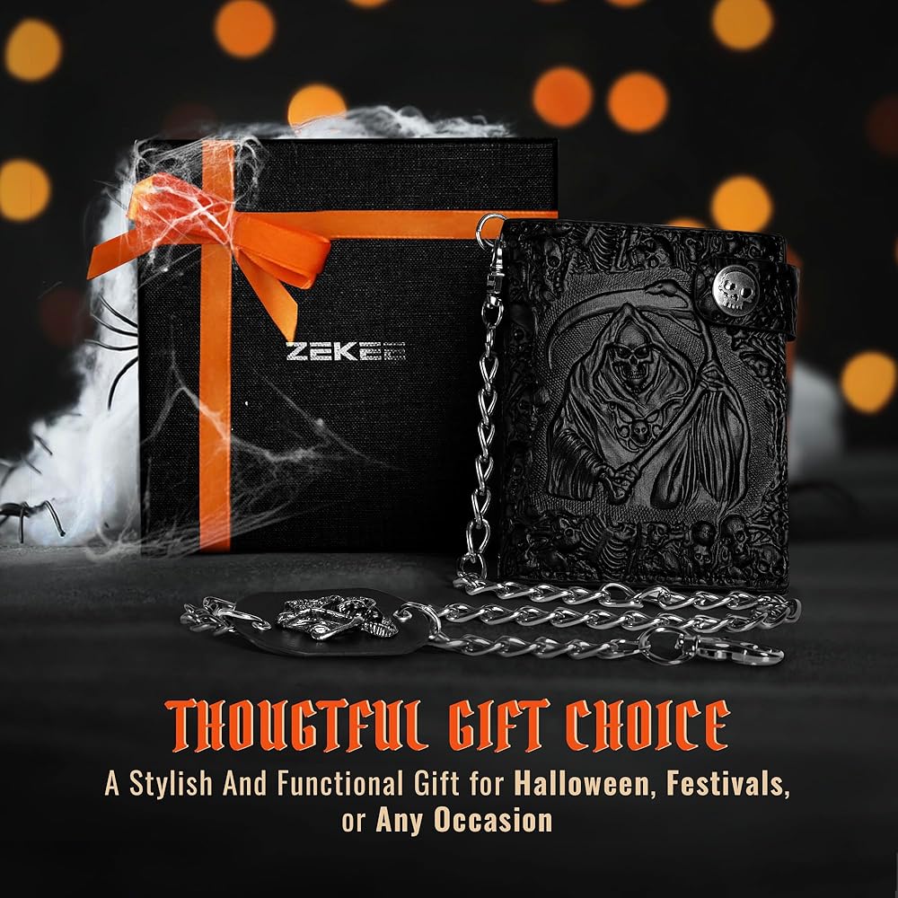 Amazon.com: ZEKEE Skull Gothic Chain Wallet Leather - Punk Bifold