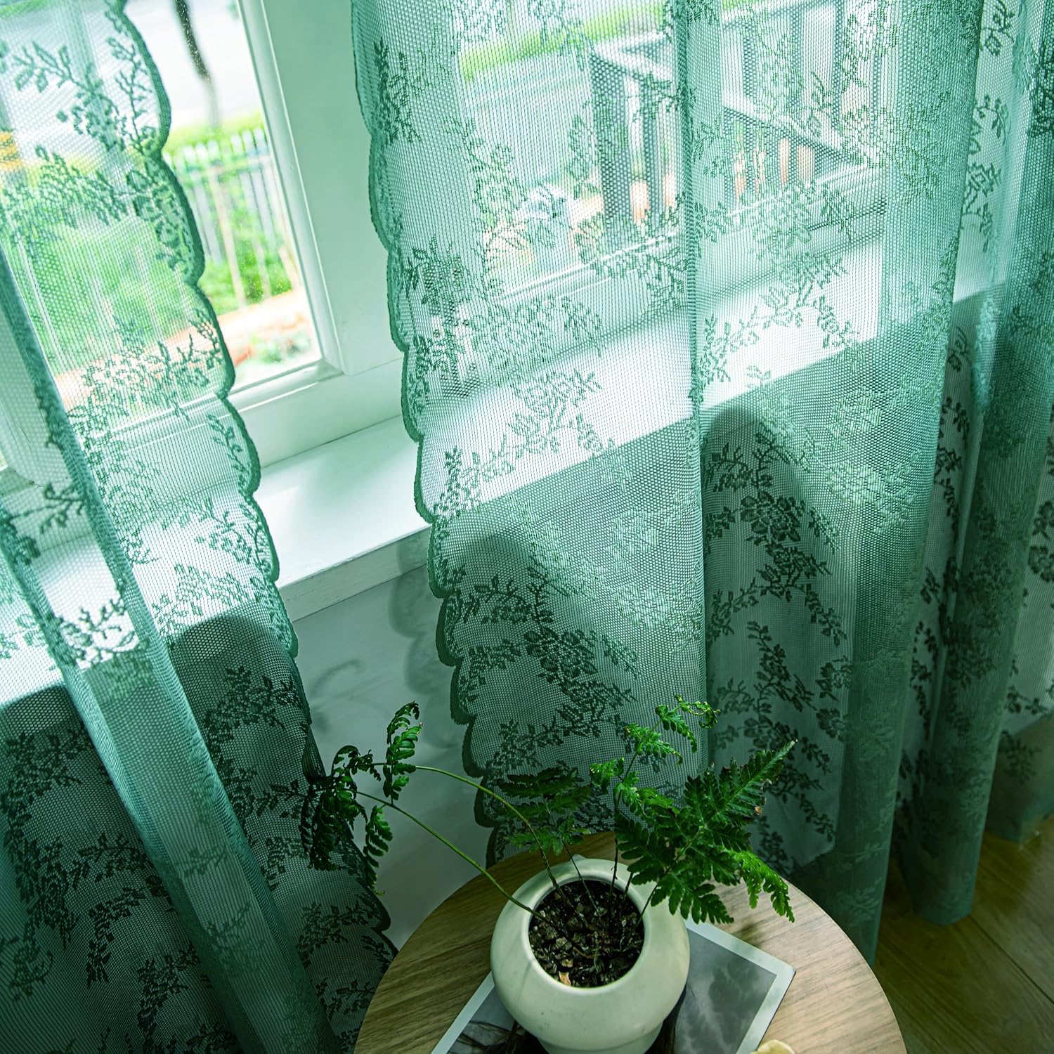 Amazon｜Deeproveダークエメラルドグリーンレースシアーカーテン長さ84