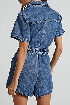 PLNOTME Womens Summer Denim Romper Short Sleeve Zip Up Utility