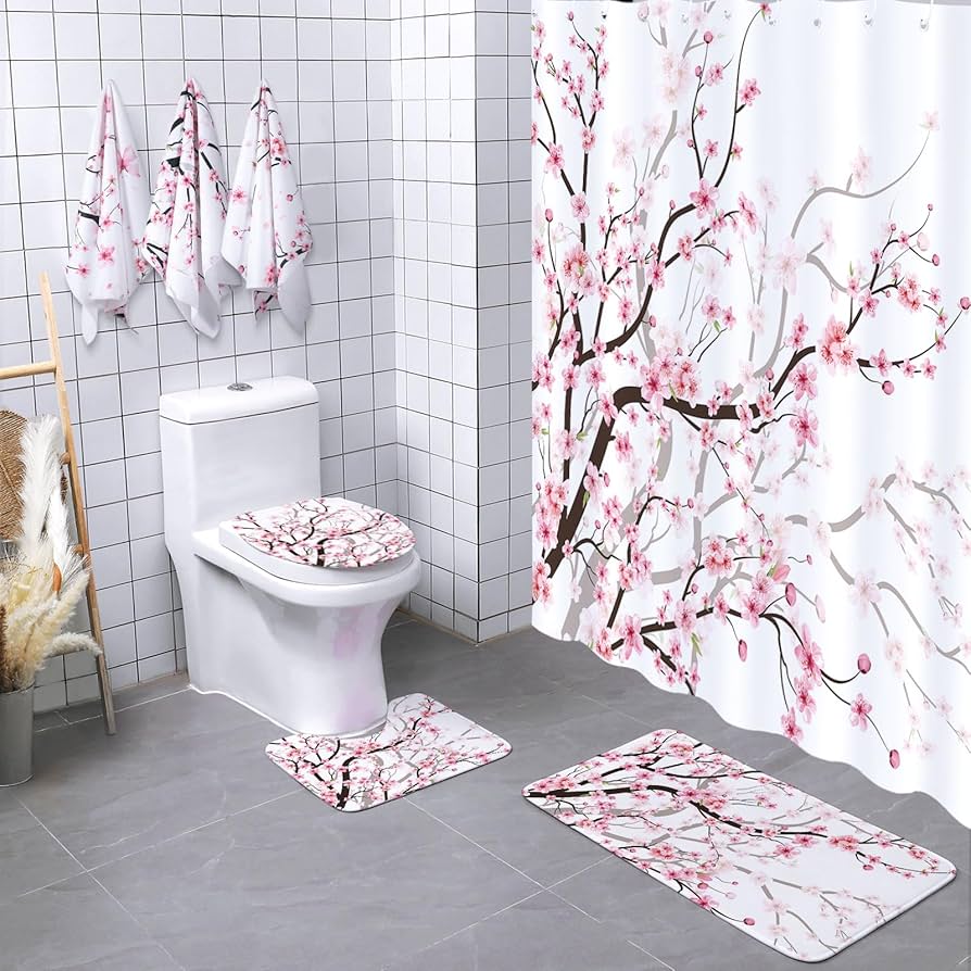 Amazon.com: Newwiee 7 Pcs Cherry Blossom Shower Curtain Set with