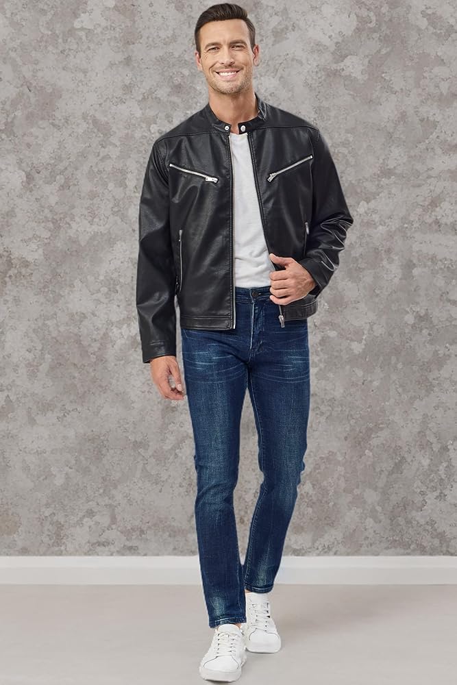 Fahsyee Faux Leather Jacket Men - Black Bomber Jackets Motorcycle