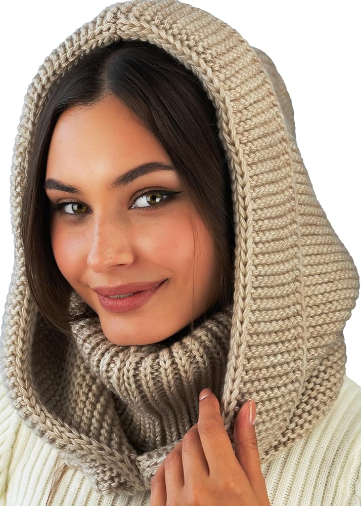 Tan Knit Hooded Scarf for Women - Wool Balaclava Detachable Hood