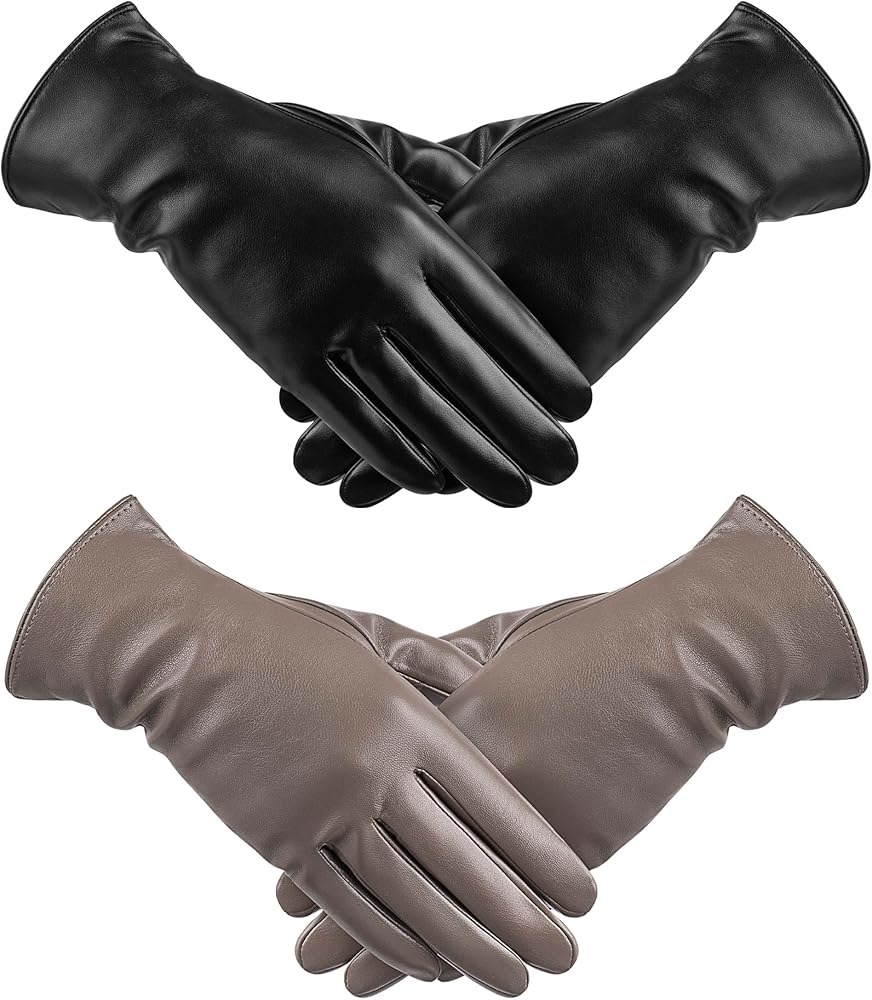 TOSWAKE Leather Gloves for Women 2 Pack, Winter Gloves Women PU