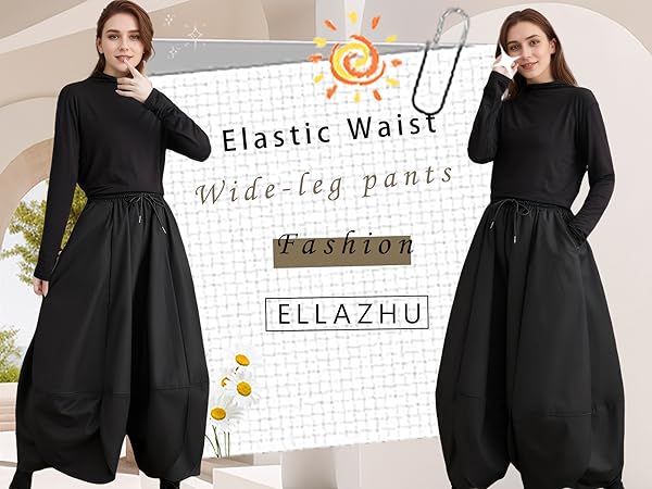 ellazhu Women's Puffy Drawstring Elastic Waist Drop Crotch Hakama