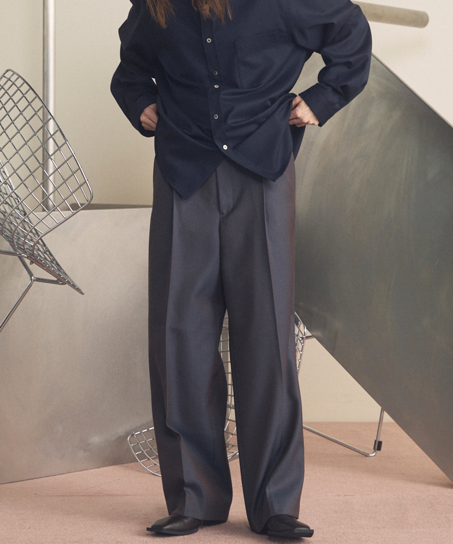 4 Colors Chambray Washable Wool Prime-Wide Two Tuck Wide Pants