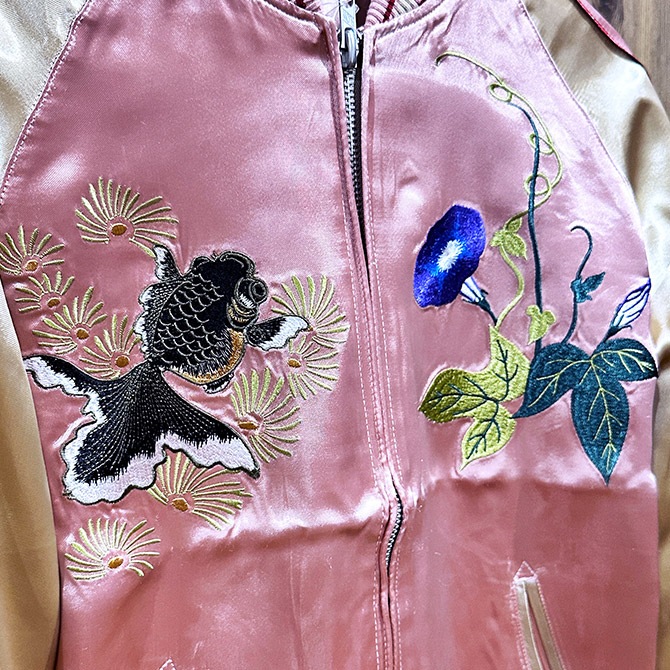 Mサイズ]金魚鉢柄刺繍リバーシブルスカジャン ピンク【送料無料】｜和