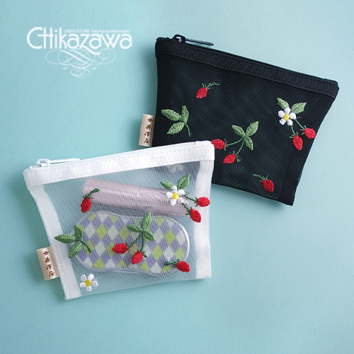 近沢レース メッシュポーチ「いちご」ファスナーL