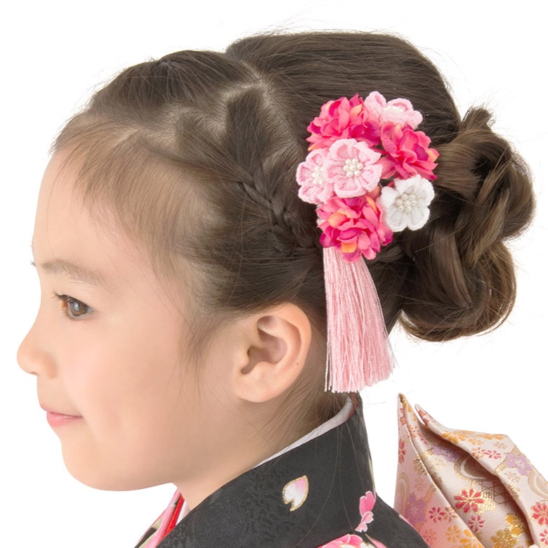 七五三 髪飾り パッチン留め ちりめん つまみ細工 ピンク 桜梅 丸花