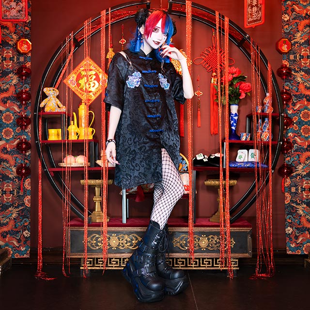 虎と牡丹のチャイナシャツ【BLACK】｜LISTEN FLAVOR(リッスン