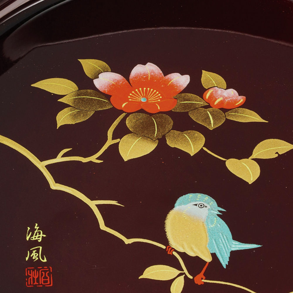 紀州塗り 8寸 24cm 梅型菓子鉢 溜 さえずり 金蒔絵 盛絵 お菓子入れ