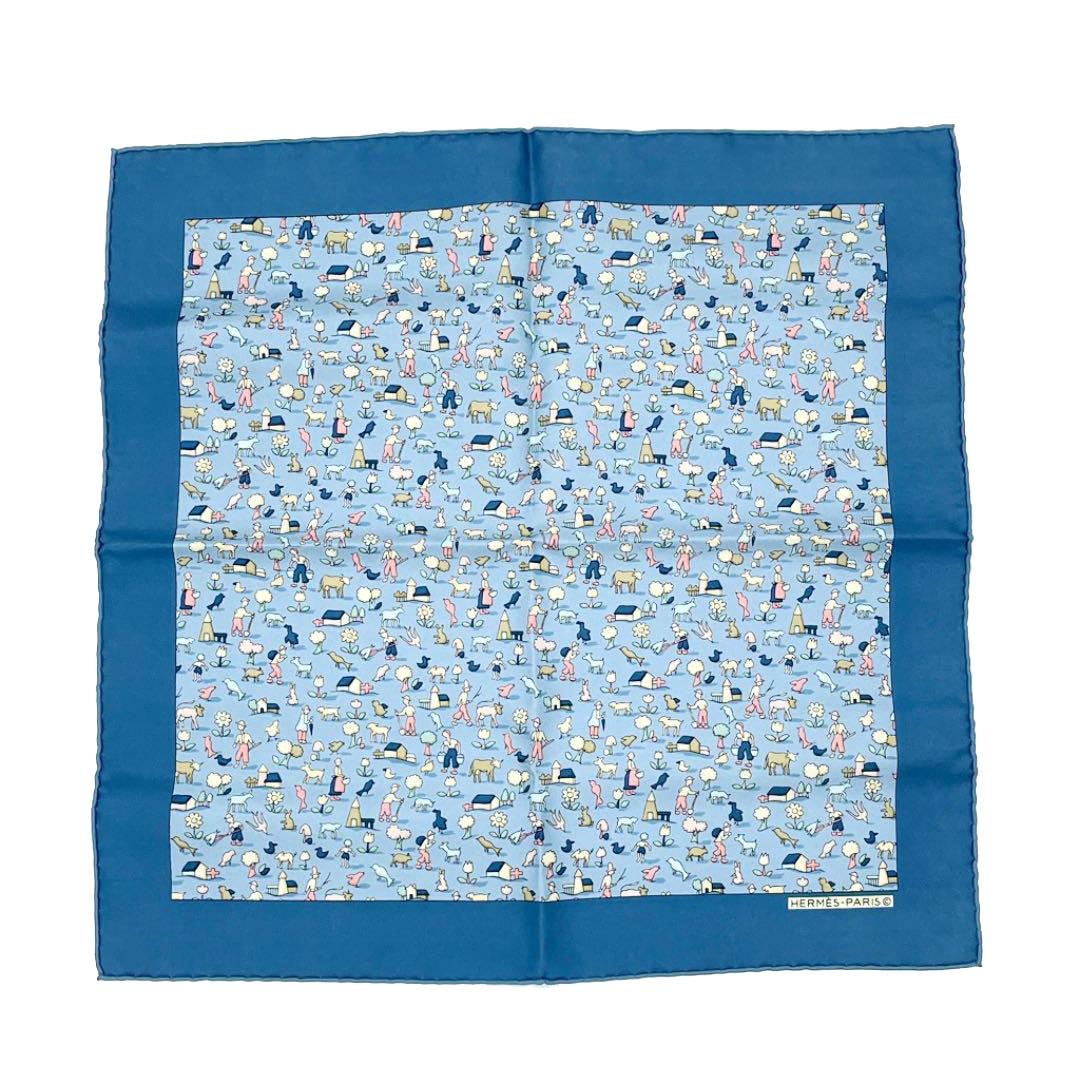 HERMES エルメス スカーフ カレ40 プチカレ 牧場柄 シルク100％ ブルー