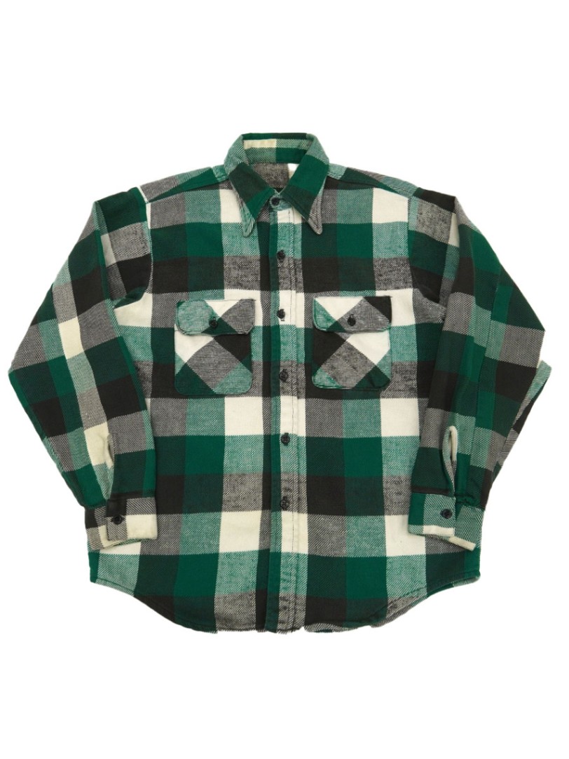 70's～ 緑黒白 ブロックチェック フランネルシャツ 実寸(M位) | すべて